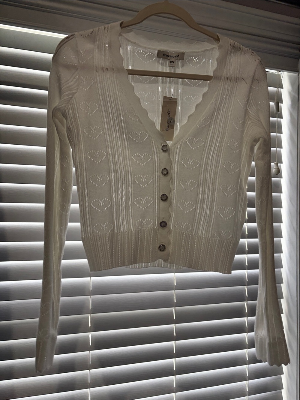 Francesca's Collections White Heart-Pattern Button Cardigan